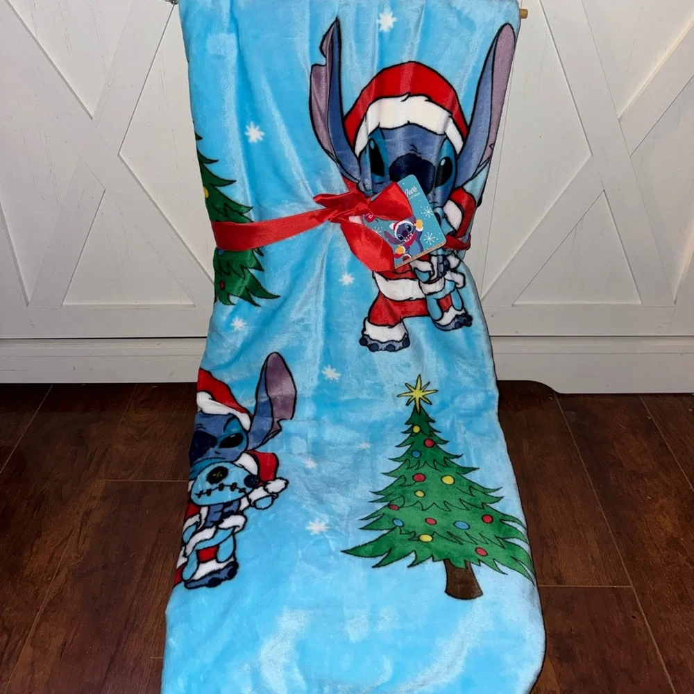 Disney Stitch with Santa Hat & Christmas Tree Plush Throw Blanket